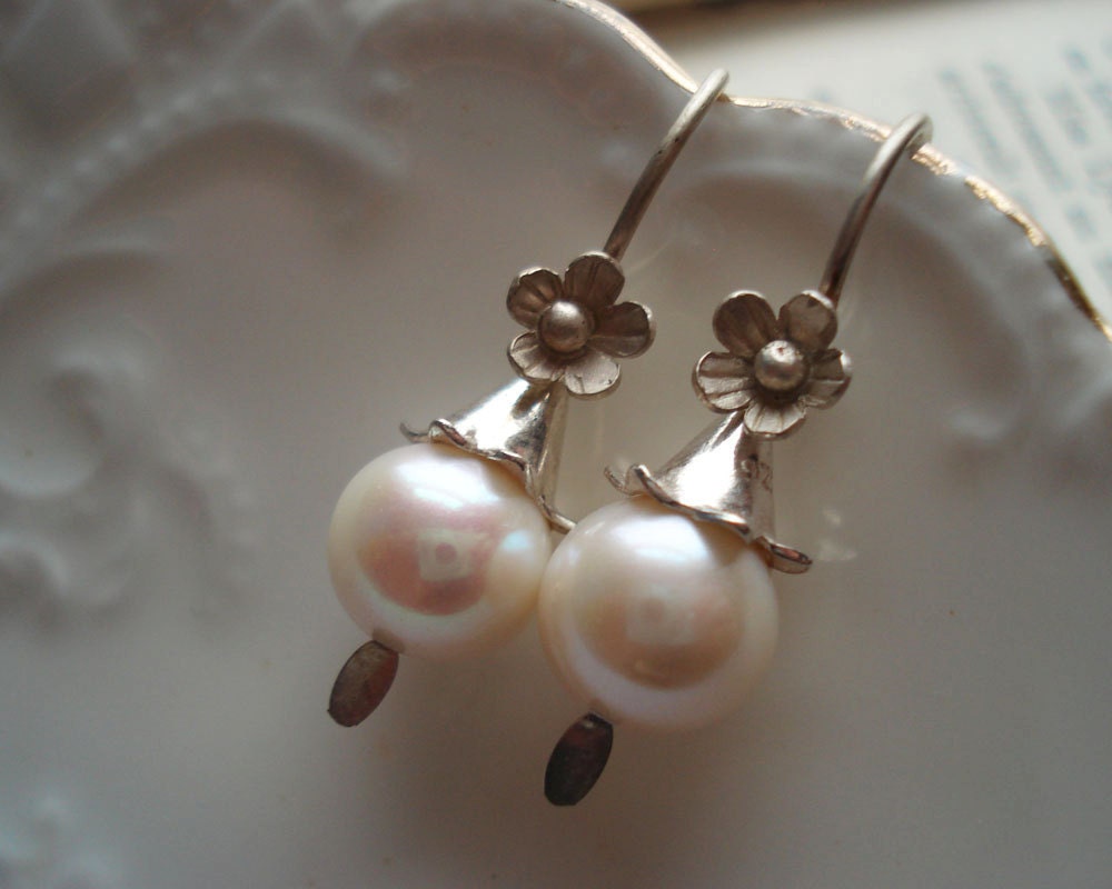 Pearl Earrings Delicate Sterling Silver White Fresh Water Pearls Weddings Brides Bridesmaids Graduation Prom Special Occasions Maid of Honor
