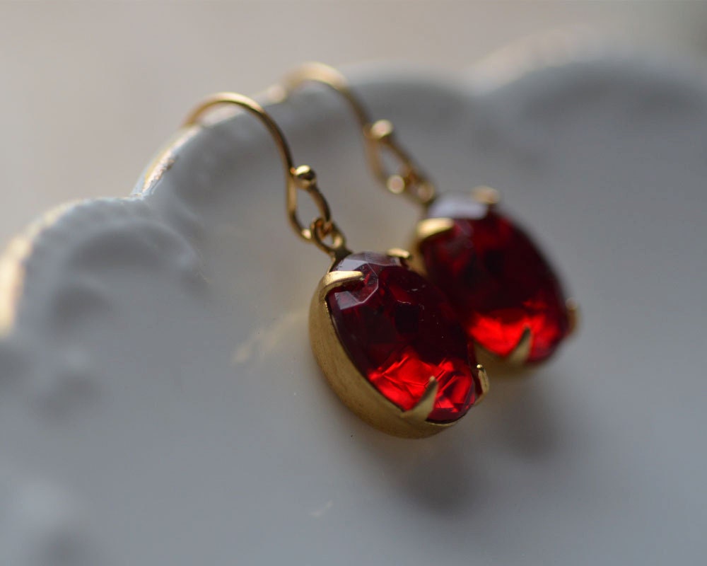 Red Earrings Valentine's Day Valentine Estate Style Old Hollywood Glamour Vintage Inspired  Dangle Sparkle Delicate