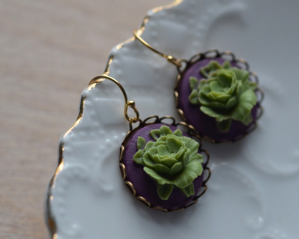 Rose Earrings Purple Green Spring Flowers Dangle Cabochon Floral Multi Color Summer Contrast Gold Plated Feminine