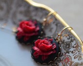 Rose Earrings Red Black Spring Flowers Dangle Cabochon Floral Multi Color Summer Contrast Gold Plated Feminine
