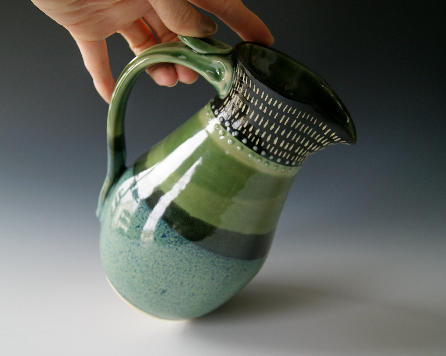 Ceramic Pitcher, Wheel Thrown Pottery, Stoneware Clay Pitcher, Blue Cream Organic Green Black by RiverStone Pottery