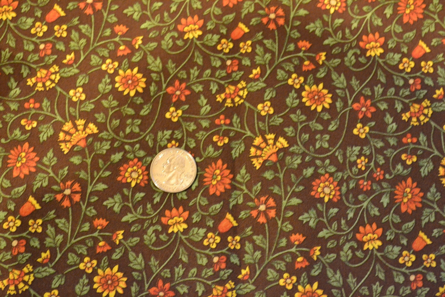 Chocolate Folk Art Floral Print Cotton Fat Quarter