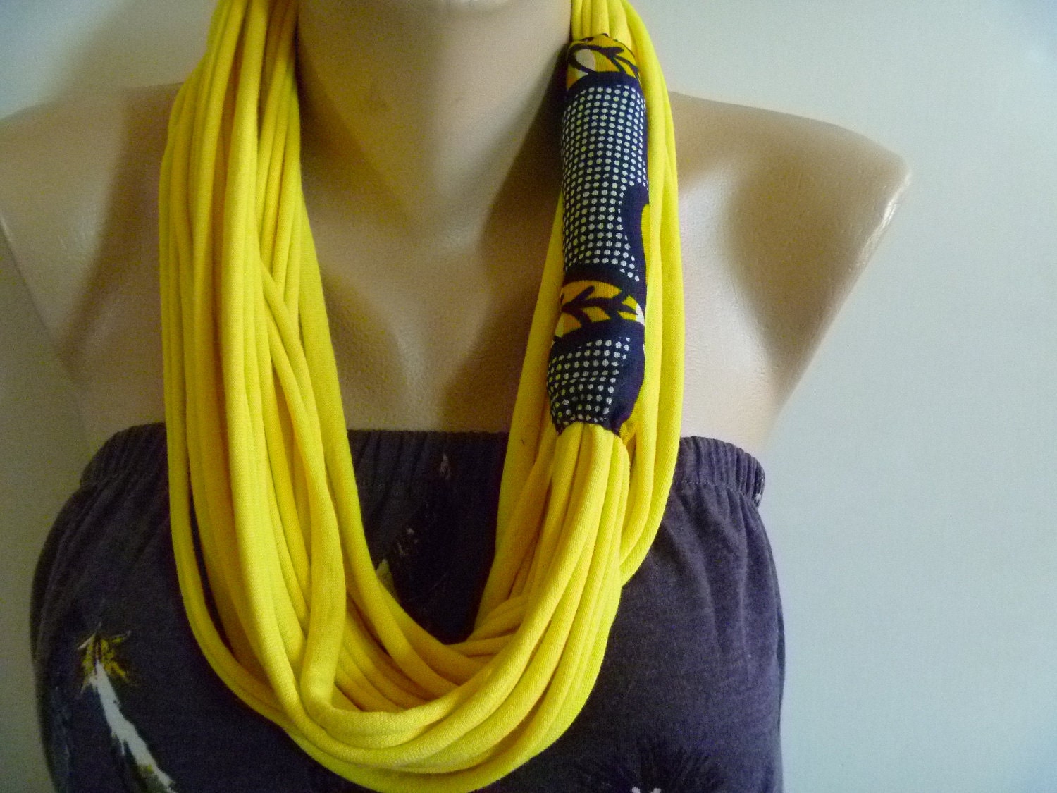 Scarf Necklace- Yellow & African Wax Print Scarflace