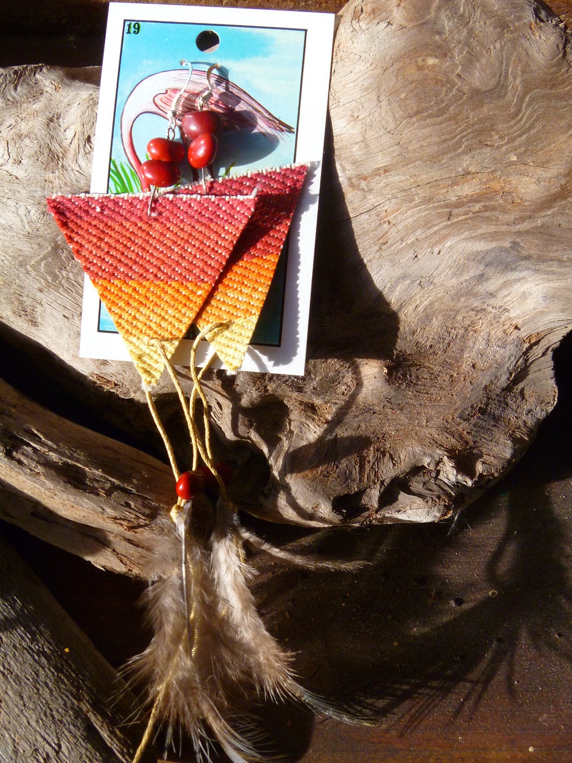 Mexican Blanket - Feather- Triangle - Geometric - Orange Earrings