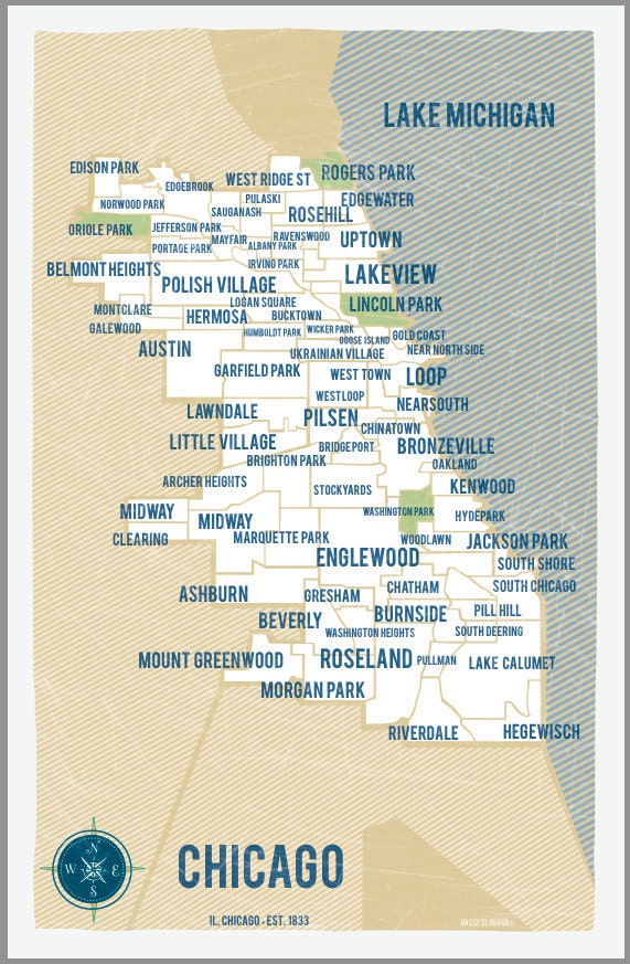 City of Chicago Map Poster in White- Vintage Style Print 11x17