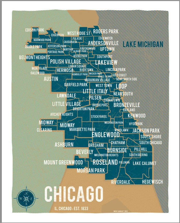 City of Chicago Map Poster in Blue- 16"x20"