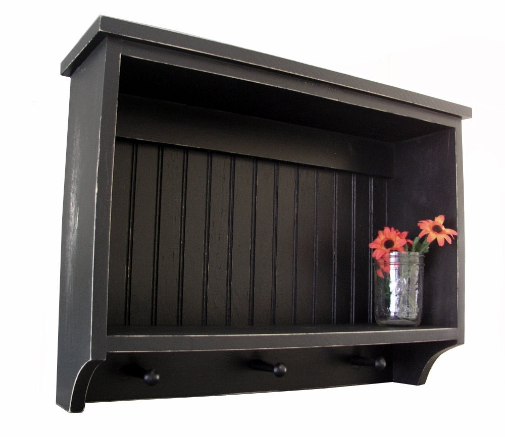 Small Open Wall Cupboard with Three Shaker Pegs in a Primitive Shabby Chic Finish