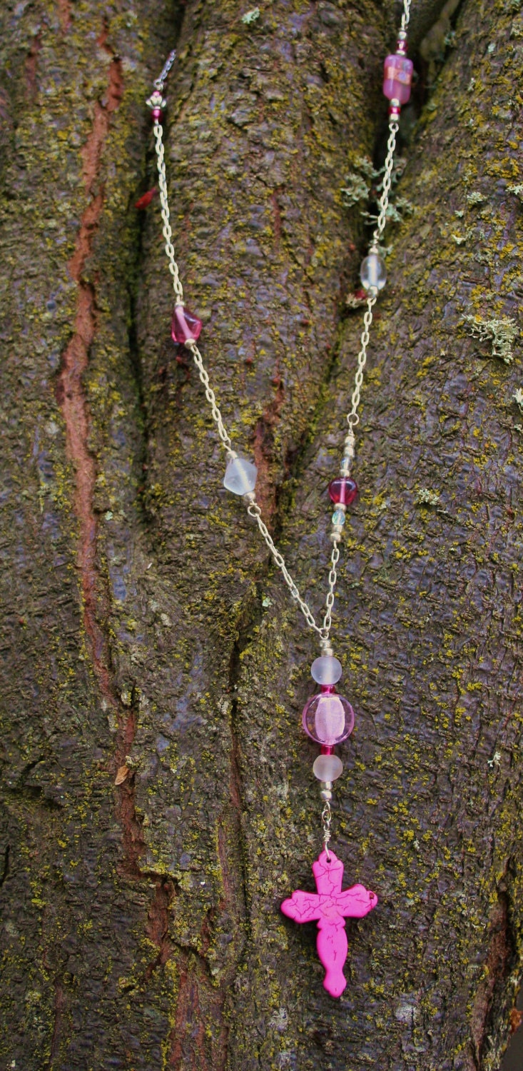 Pink Western Cross - Silver Chain Necklace with pink and silver beads.