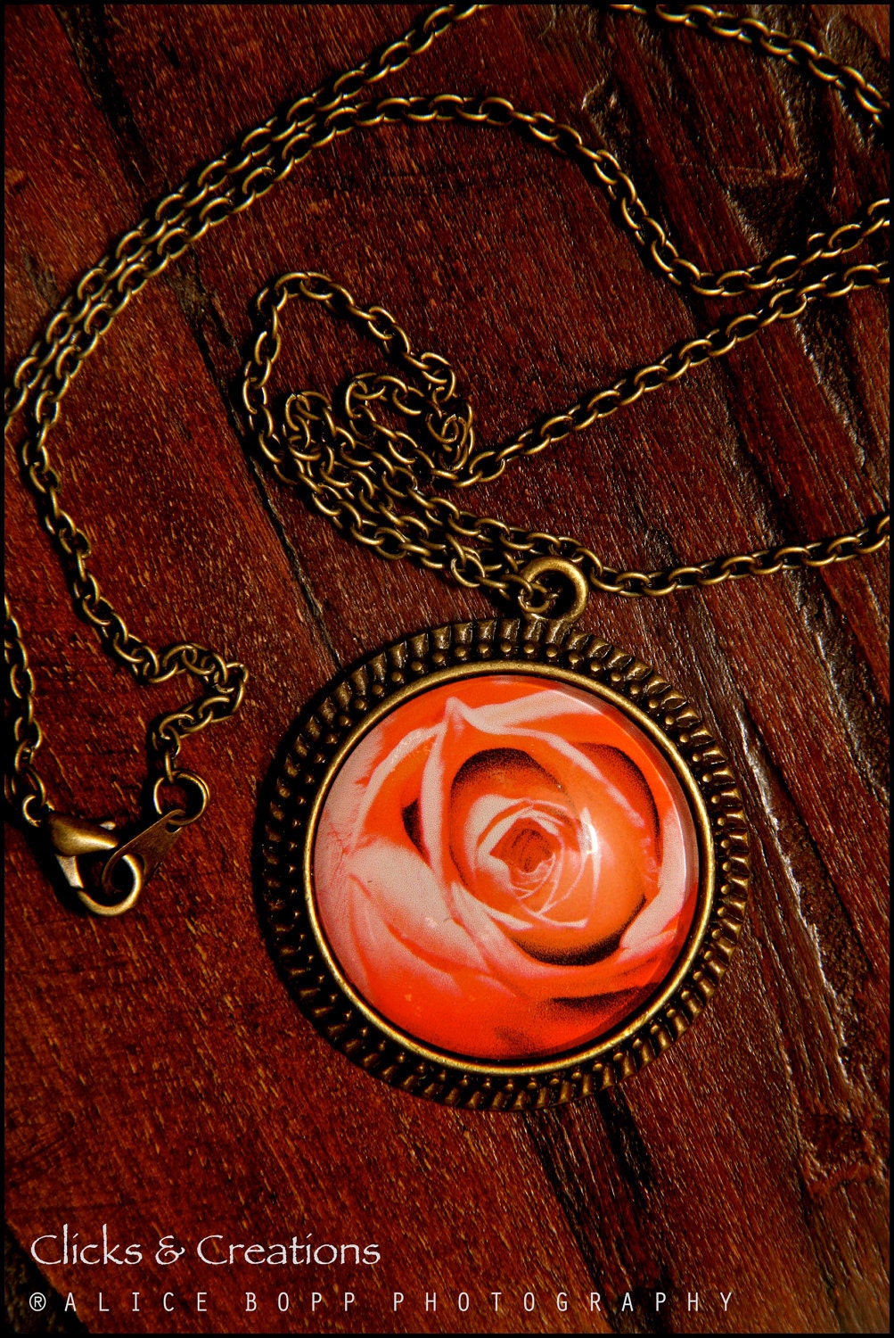 Antique Brass Chain Round Glass Charm Necklace. Art Pendant Necklace: "Rose" 35mm