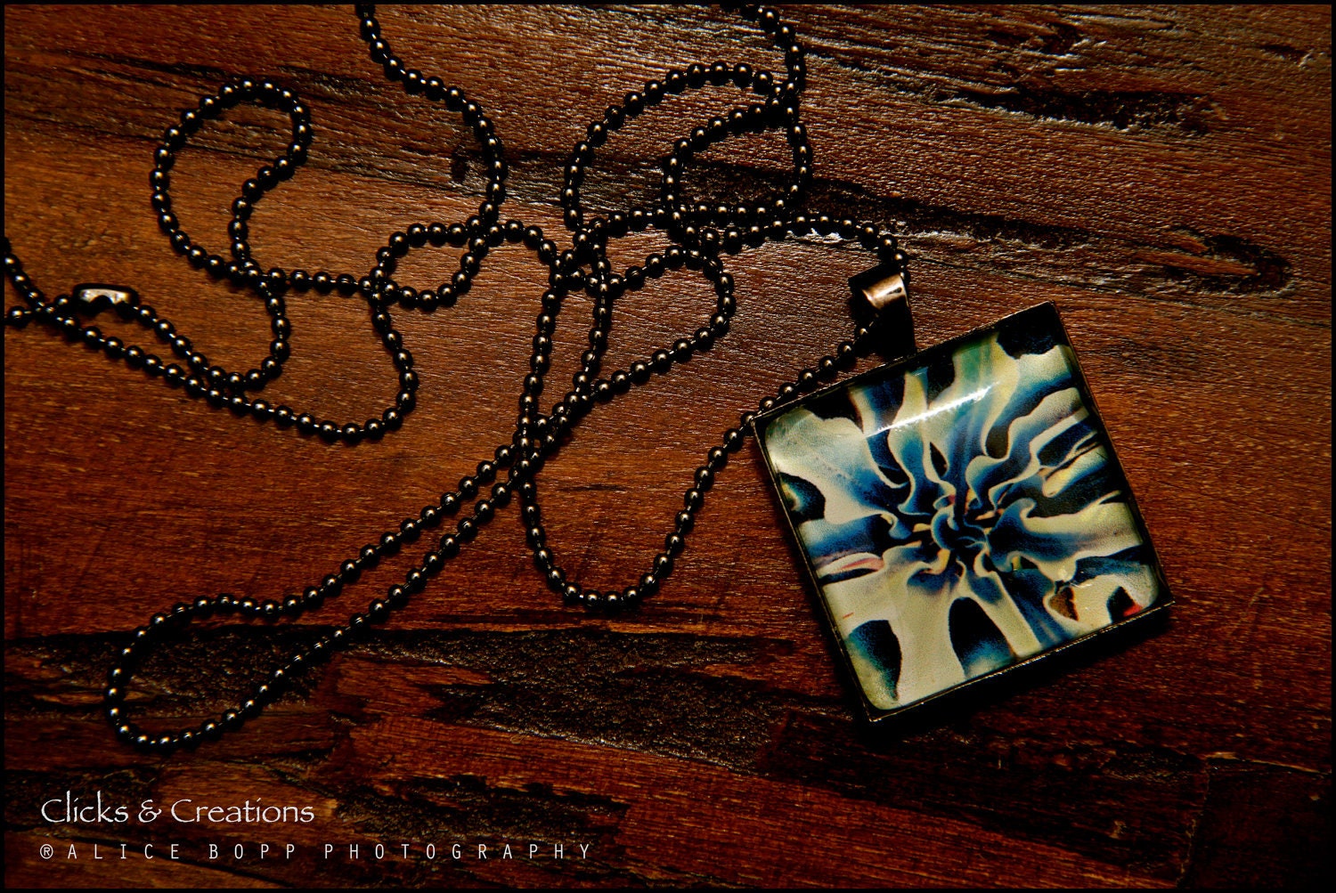 Black Gunmetal Ball Chain Glass Charm Necklace. Art Pendant Necklace: "Cali Flora" 25mm