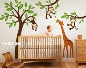 Children Wall Decal Wall Sticker tree decal - Monkeys with Giraffe Nursery Decal - KK127