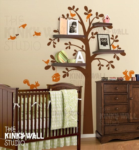 Shelving Tree with Birds & Squirrels - vinyl wall sticker wall decal - KK125 - Children Baby Kid nursery Boy Girl
