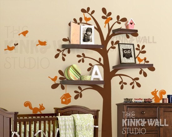 Kids Wall Decal Wall Sticker tree decal Vinyl decal - Shelving Tree with animal - Nursery Decal- KK125