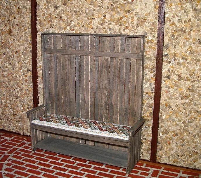 Settle, Medieval, Aged Weathered Wood, Celtic Embroidered Cushion, 1/12 scale dollhouse miniature