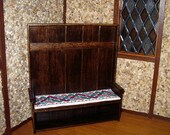 Dollhouse Settle, Medieval Celtic Embroidered Cushion, 1/12 scale miniature, Jacobean Finish
