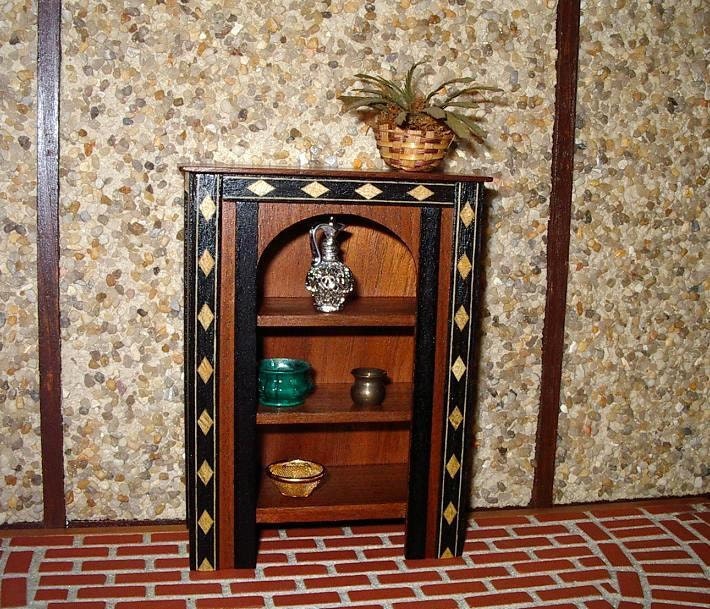 Cupboard, Hutch, Shelves, Wood Inlay Trim, dollhouse miniature 1/12 scale