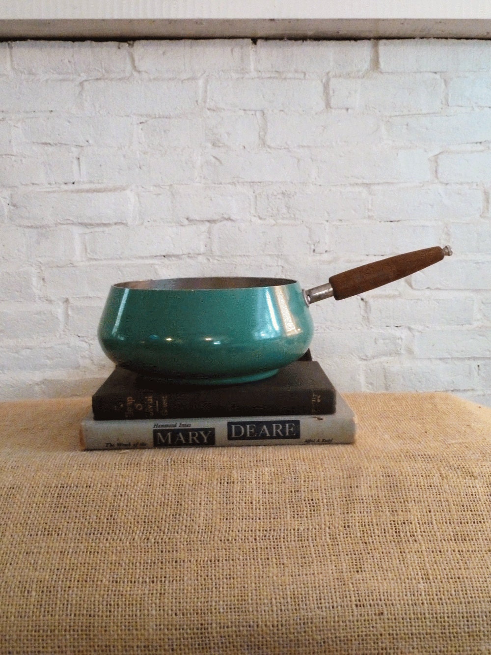 Fondue Pot Mid Century Teal Green Wood Handle