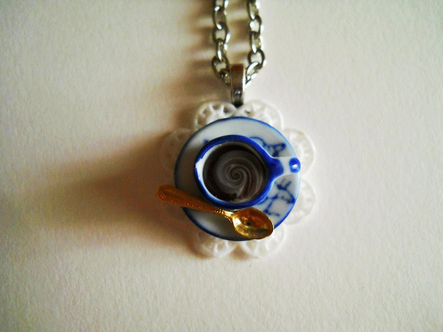 Painted Cup of Coffee Necklace - Handmade miniature jewelry - Alice in Wonderland - ceramic and lace doily