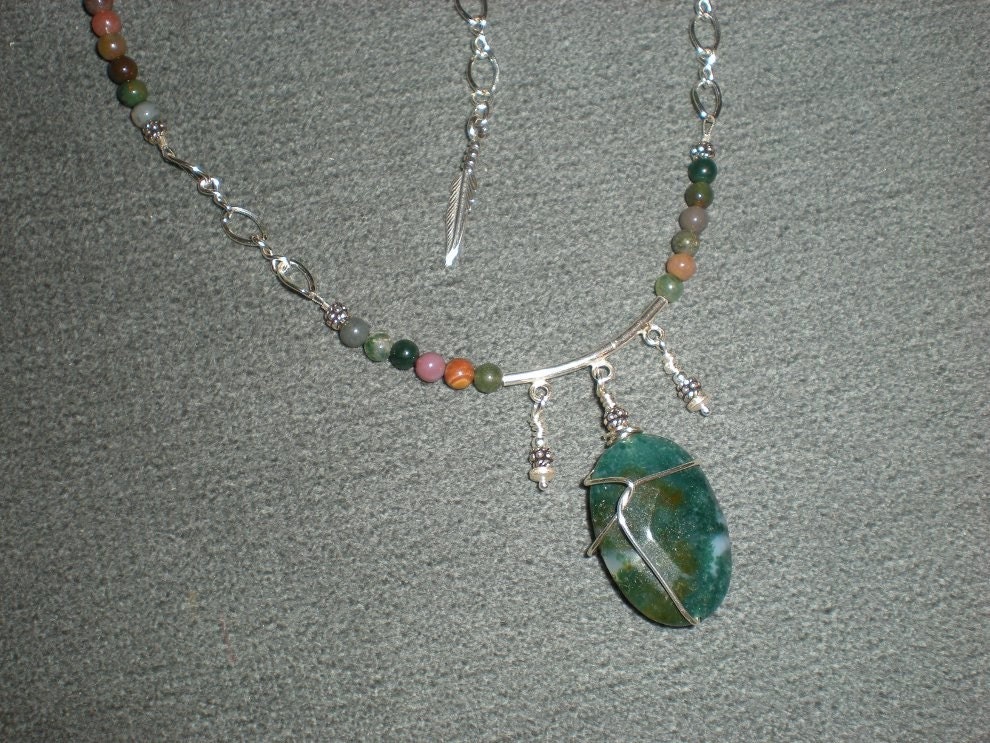 Gypsy Song necklace, moss agate, sterling silver, fancy jasper, feather charm, one of a kind