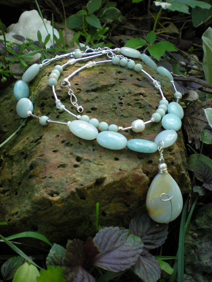 Gabrielle Three-in-one necklace, amazonite teardrop, white freshwater pearls, sterling silver