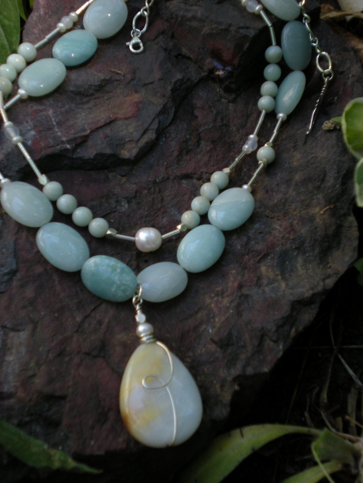 Gabrielle Three-in-one necklace, amazonite teardrop, white freshwater pearls, sterling silver