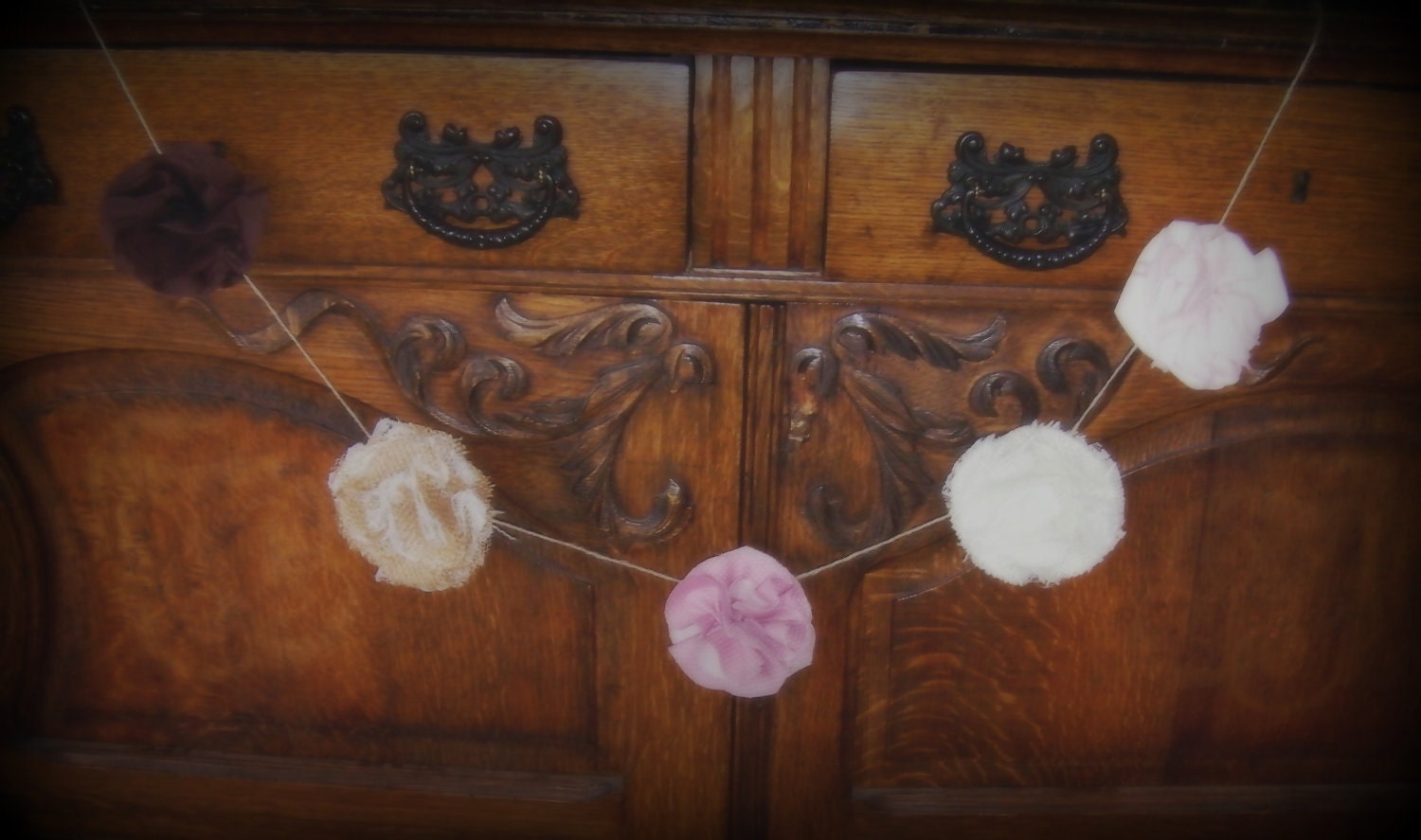 Fabric Pom Pom Garland, Burlap and Lace with Pink & Brown