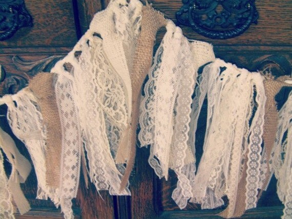Burlap and Lace Garland, 5 feet, ivory, white, cream and tan.