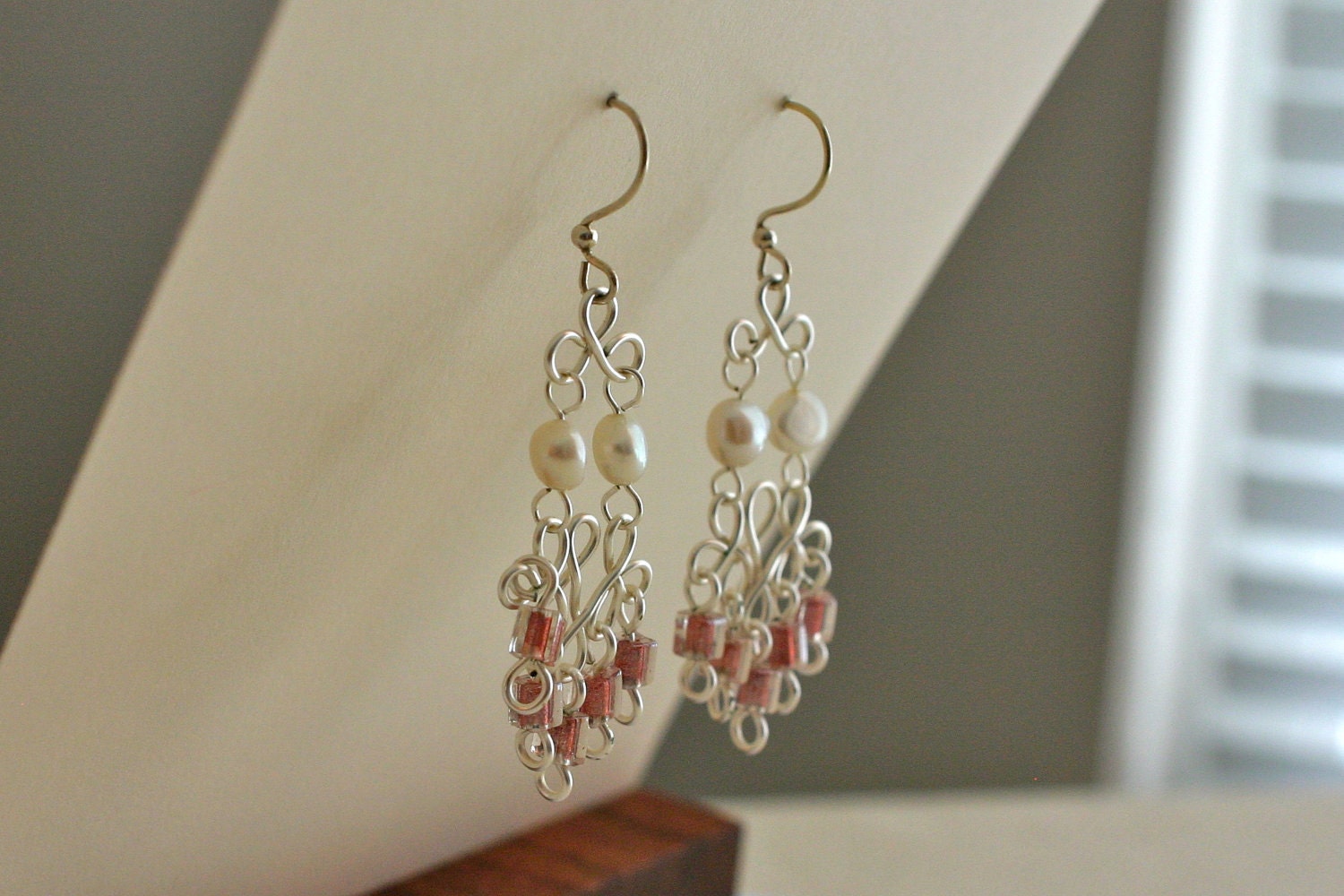 Photo: Pearl Chandelier Earrings - Wire Wrapped, Silver, Cream, Pink, Beaded, Weddings, Bridal, Everyday Elegance by andreaturinijewelry