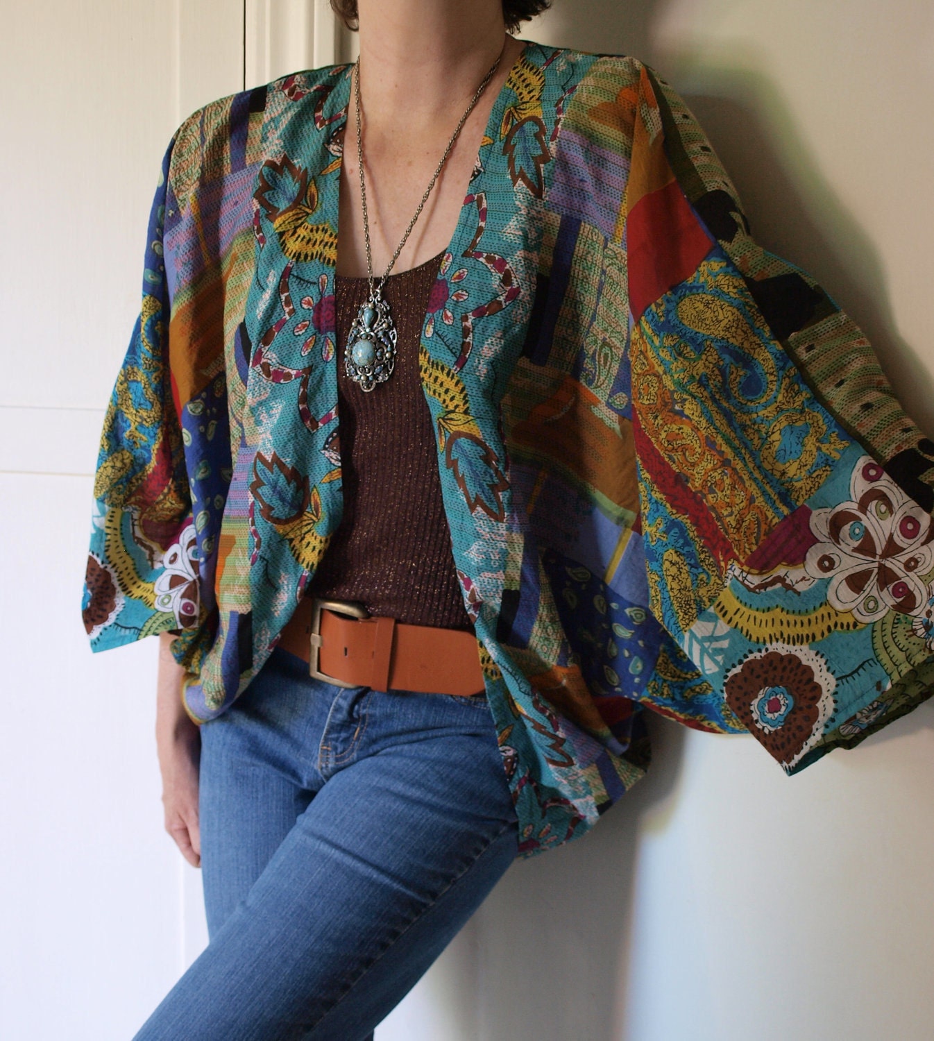 Upcycled Vintage Fabric Batwing Hippie Bohemian Floral Abstract Draped Cotton Gauze Shrug Top sz L-1X