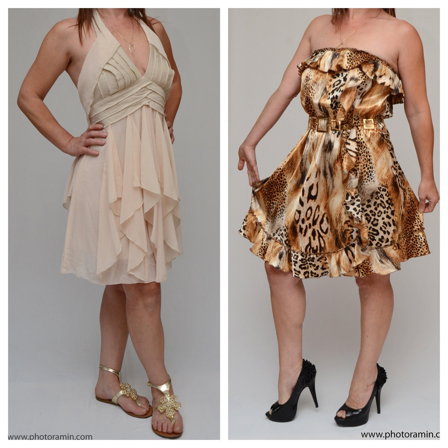 Beige short dress short  womans silk chiffon cocktail dress