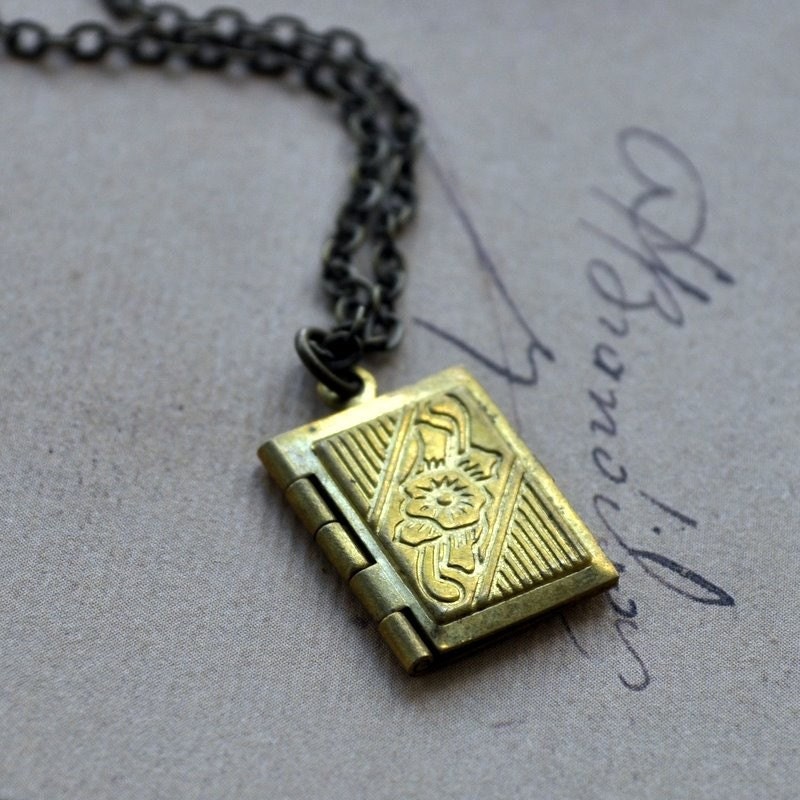 Necklace. Secret Story Book. Tiny brass locket on brass chain. By Vintette on Etsy.