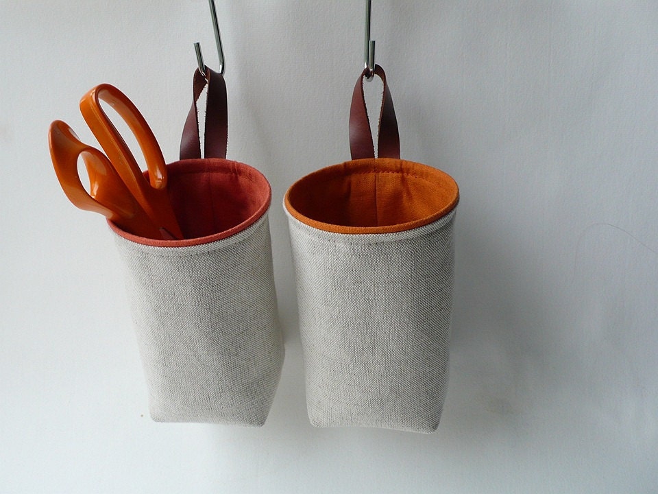 Hanging fabric basket wall pocket natural gray with leather loop handmade