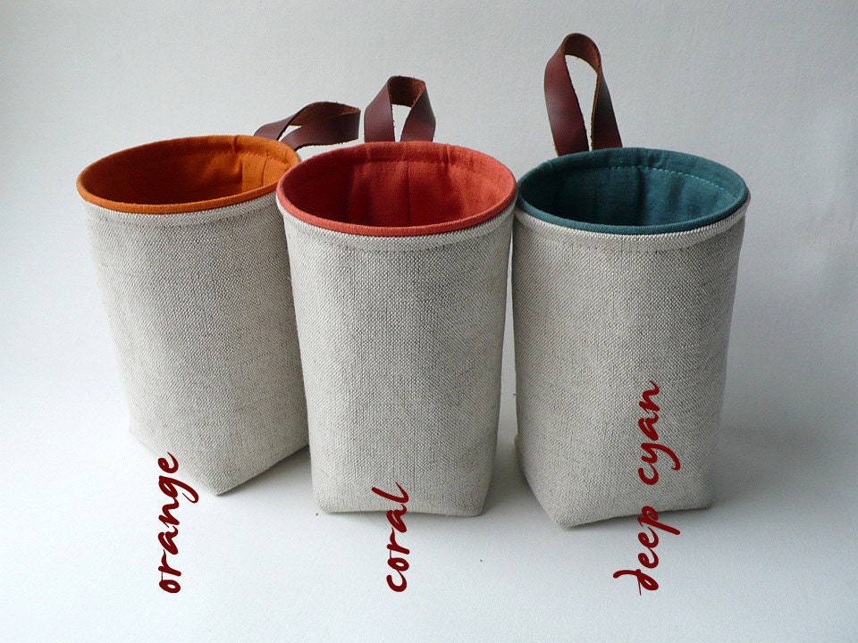 Hanging fabric basket wall pocket natural gray with leather loop handmade