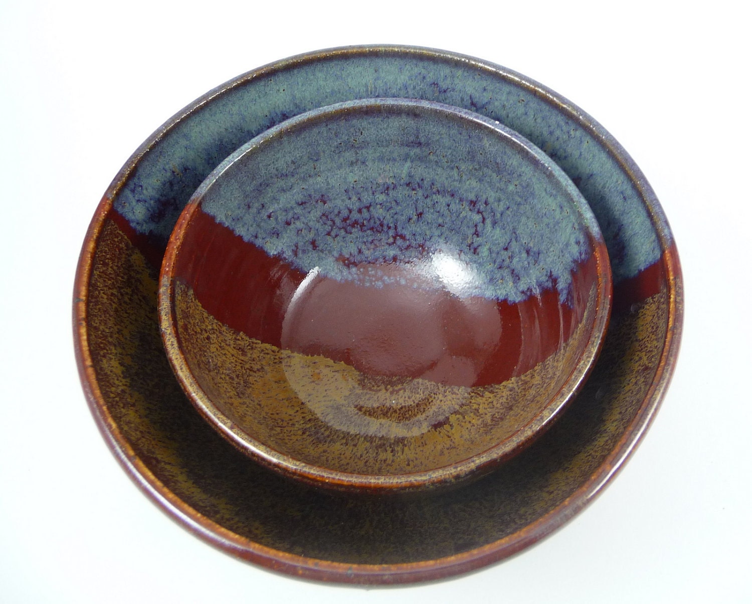 Ceramic Nesting Bowls - Set of 2 in Rustic Blue, Red & Brown
