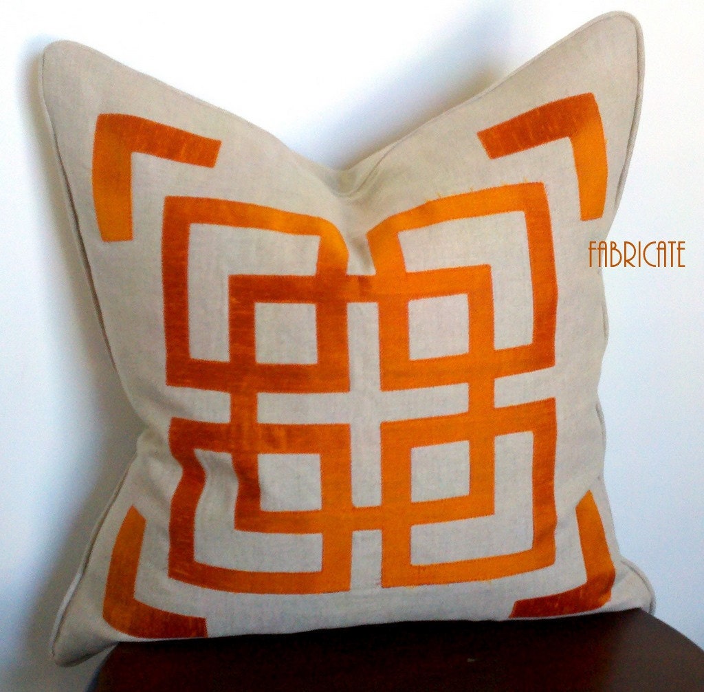Far East Fretwork Linen and Orange Silk- Pillow Cover