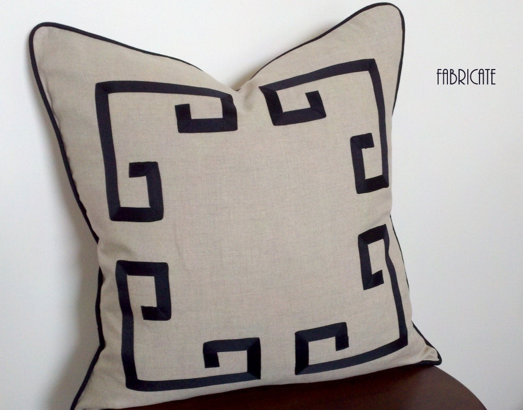 Greek Key Aegean Fretwork Linen and Black- Pillow Cover