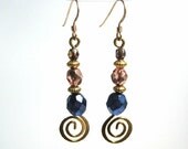 Gold Swirl Earrings, Czech Glass Bead Earrings in Dark Blue, Brown and Apricot, Whimsical Dangle Earrings