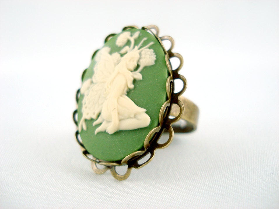 Absinthe Ivory and Green Fairy Antique Brass Adjustable Cameo Ring