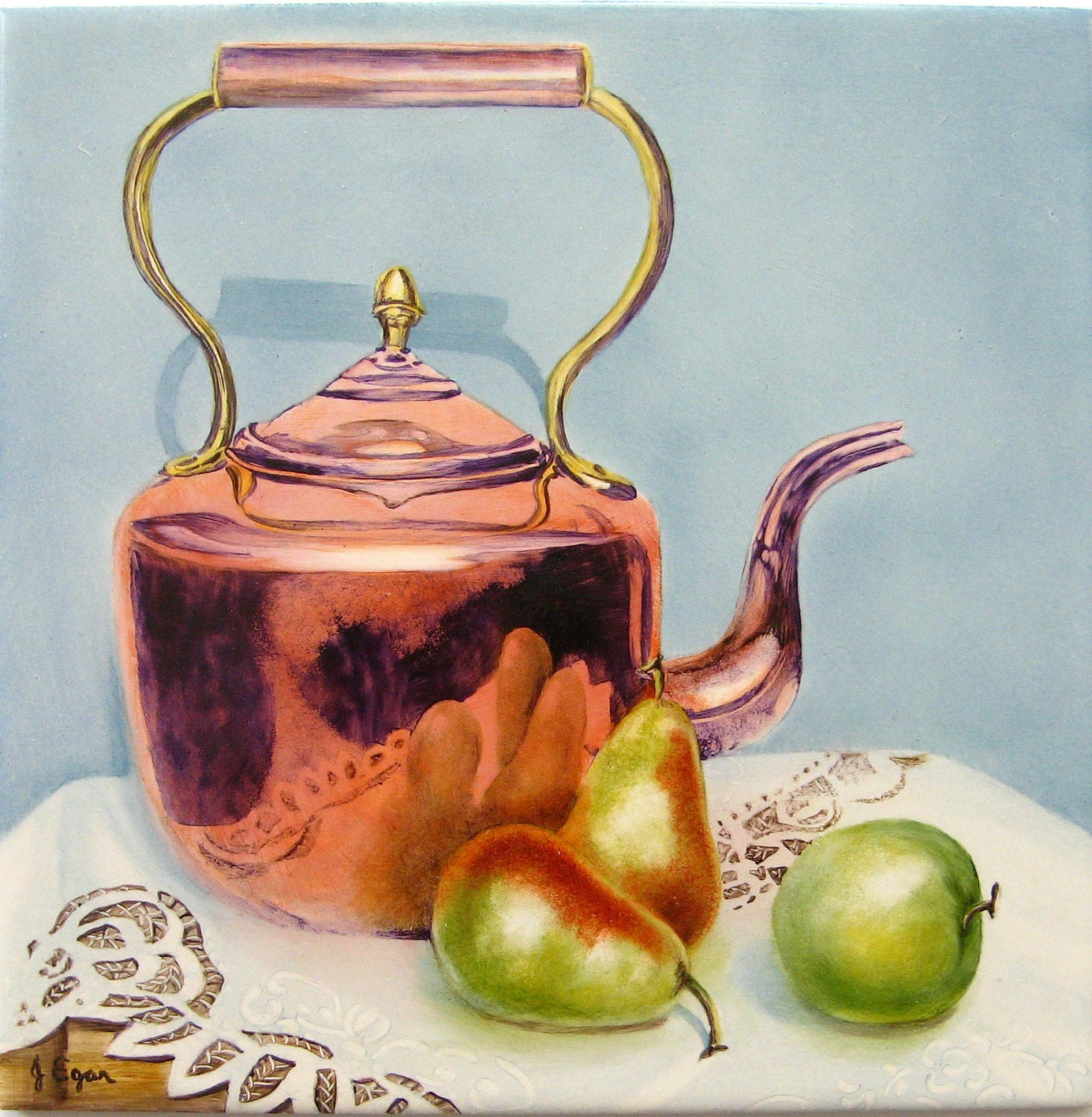 Still life painting on ceramic tile original art  "Copper kettle still life"
