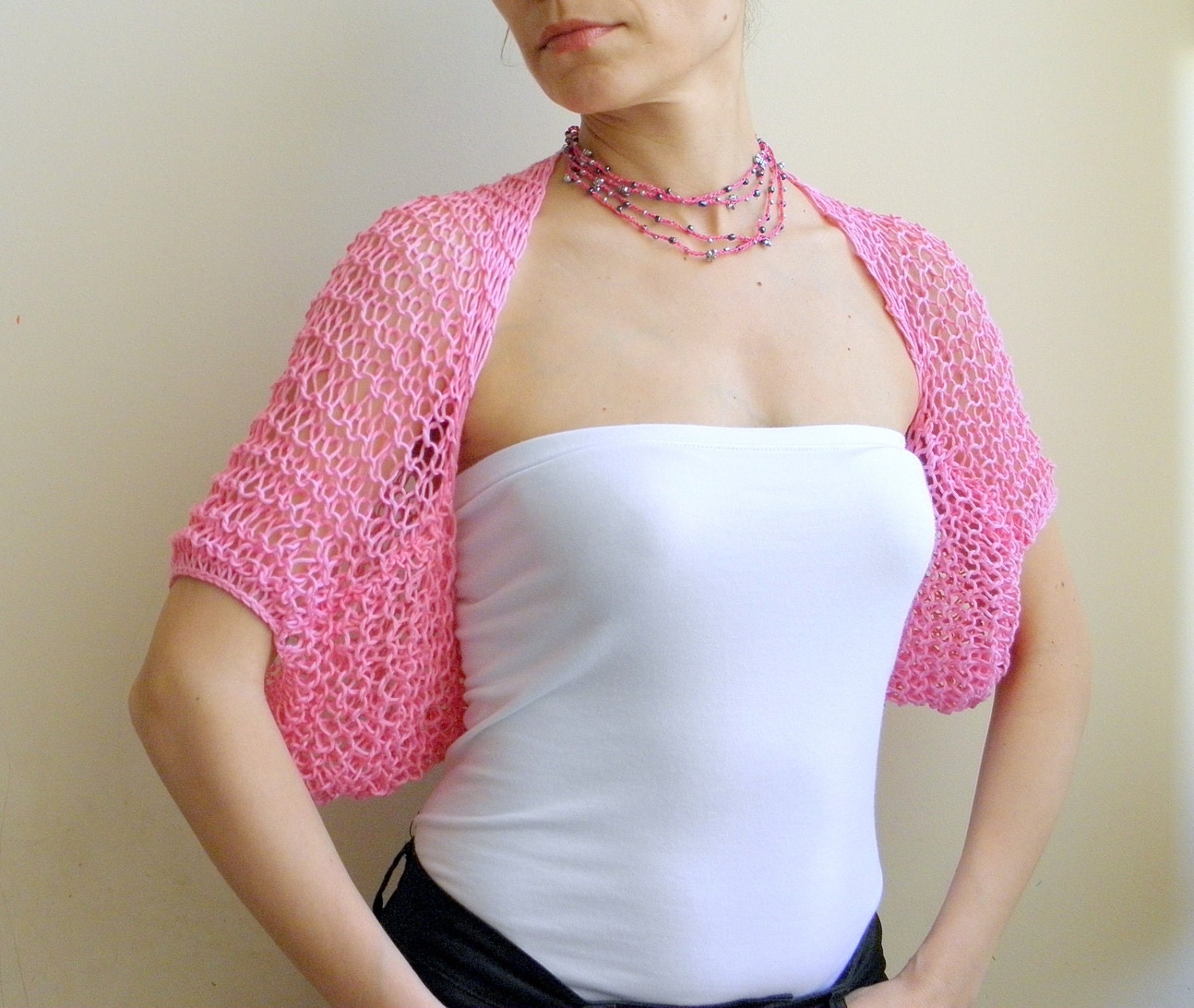 Pink shrug/shawl - boho rose kimono sleeve bolero/capelet - organic cotton