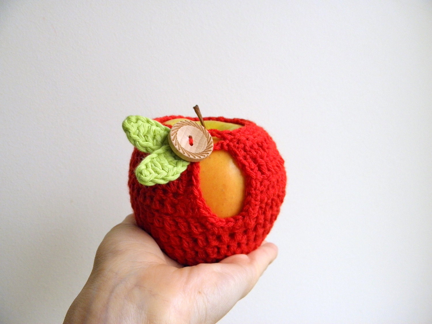 Apple cozy - red , green crochet sweater, lunch bag