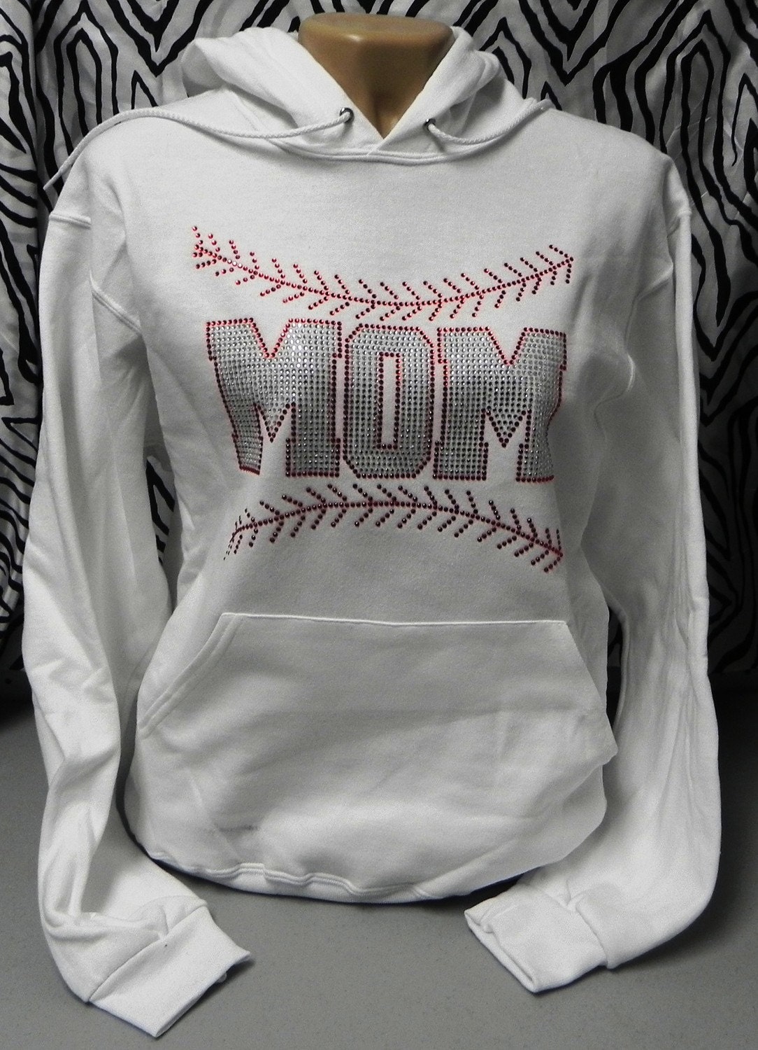 Baseball Mom with Stitching Ladies Rhinestone Sweat Shirt Hoodie