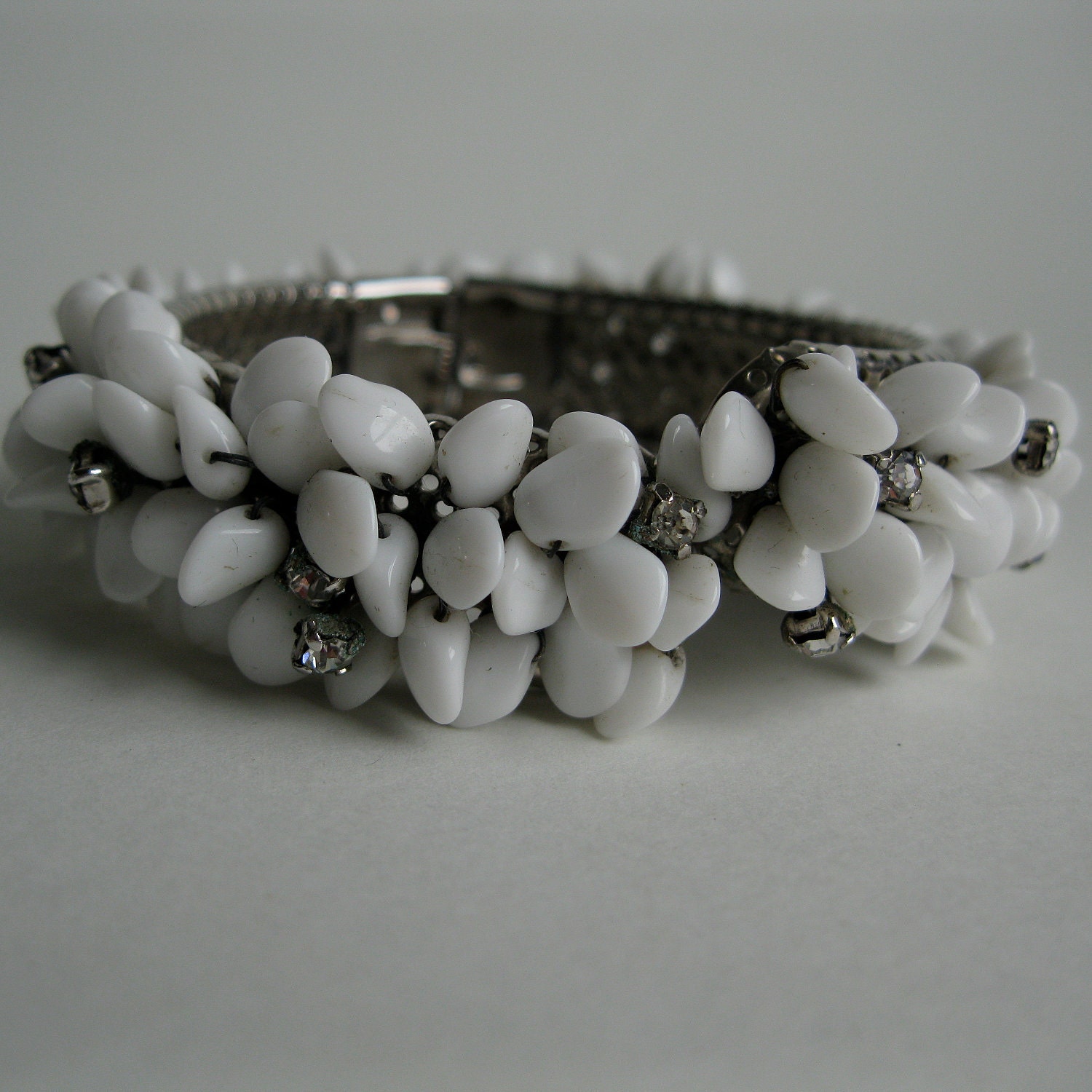 Vintage 1930s Bracelet Rhinestone Clamper Milk Glass Wedding Bridal Fashions 1940s