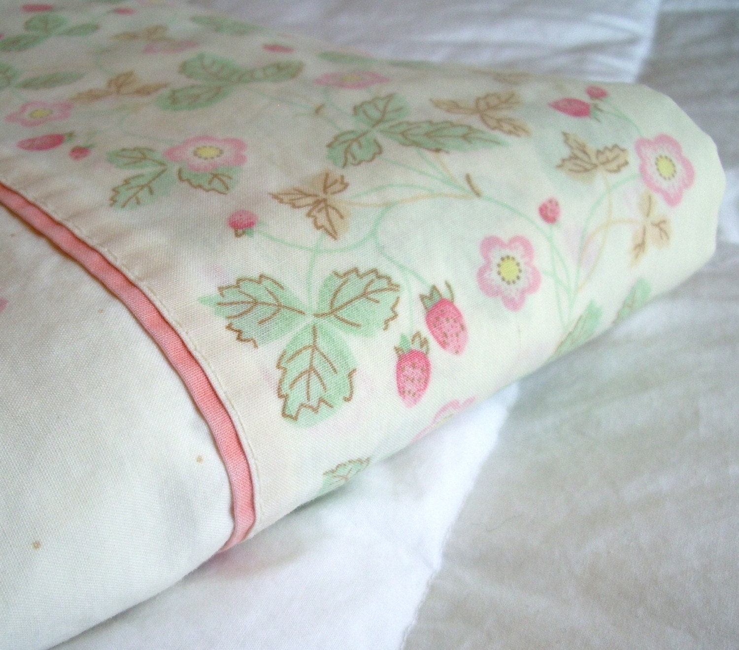 Sweet as a Summer Strawberry- Vintage Queen Size Flat  Sheet