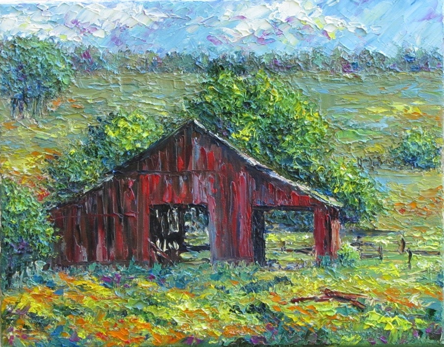 Red Barn ORIGINAL Oil Landscape Farm Palette Knife Painting 11"x14" SALE by Olena Baca