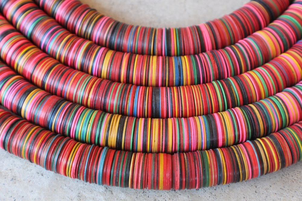 Large African Vinyl Record Beads Vintage, Multi Colored with PINK, Green, Blue- 15x.5mm. Rare.