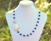 Vintage Style Ivory and Pale Pink Roses and Navy Blue Swarovski Pearl Asymmetrical Beaded Necklace Jewelry Gift for Her.  Free Shipping.