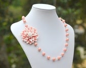 Large Pink and White Flower Asymmetrical Necklace with Coral Pink Swarovski Pearls.  Asymmetrical Statement Necklace.