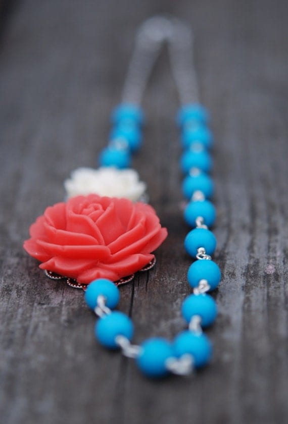 Summer Brilliance - Coral Pink Rose and Cream Lotus Cabochon Necklace with Turquoise Beads