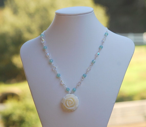 HUGE SALE SALE Ivory Rose and Pacific Opal Crystal Beaded Necklace